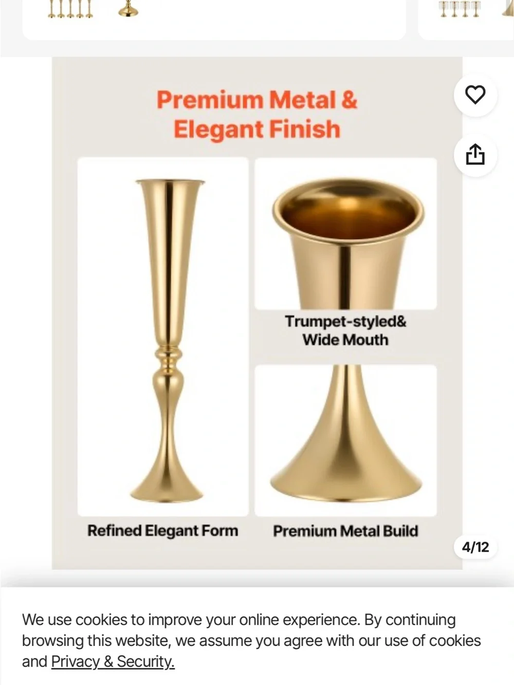 6 Gold Tall Table 31 inch Vase -florals not included